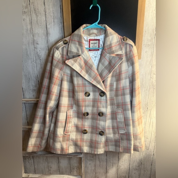 Old Navy Jackets & Blazers - Old Navy Women’s Beige Plaid Print Wool Blend Lined Peacoat Jacket Coat Sz XXL